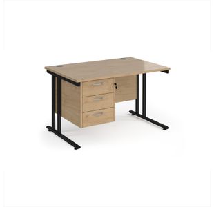 Maestro 25 straight desk 1200mm x 800mm with 3 drawer pedestal - black cantilever leg frame, Kendal oak top