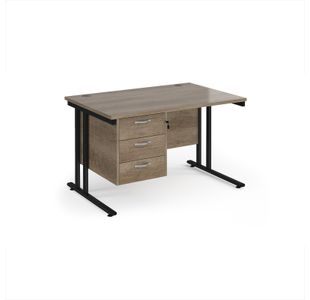 Maestro 25 straight desk 1200mm x 800mm with 3 drawer pedestal - black cantilever leg frame, Nebraska oak top