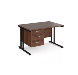Maestro 25 straight desk 1200mm x 800mm with 3 drawer pedestal - black cantilever leg frame, walnut top