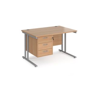 Maestro 25 straight desk 1200mm x 800mm with 3 drawer pedestal - silver cantilever leg frame, beech top