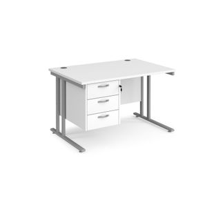 Maestro 25 straight desk 1200mm x 800mm with 3 drawer pedestal - silver cantilever leg frame, white top