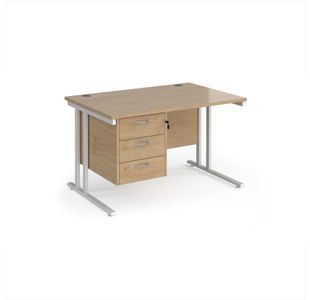 Maestro 25 straight desk 1200mm x 800mm with 3 drawer pedestal - white cantilever leg frame, Kendal oak top