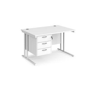 Maestro 25 straight desk 1200mm x 800mm with 3 drawer pedestal - white cantilever leg frame, white top