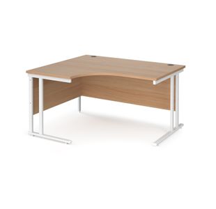 Maestro 25 left hand ergonomic desk 1400mm wide - white cantilever leg frame, beech top