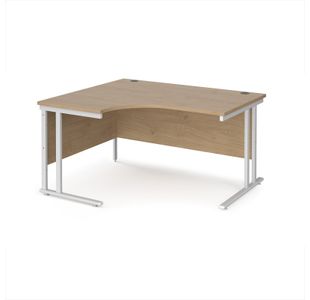Maestro 25 left hand ergonomic desk 1400mm wide - white cantilever leg frame, Kendal oak top
