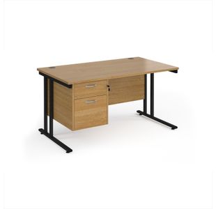 Maestro 25 straight desk 1400mm x 800mm with 2 drawer pedestal - black cantilever leg frame, oak top