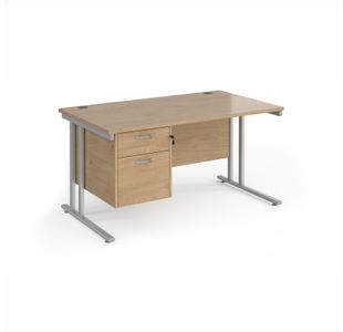Maestro 25 straight desk 1400mm x 800mm with 2 drawer pedestal - silver cantilever leg frame, Kendal oak top