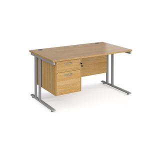 Maestro 25 straight desk 1400mm x 800mm with 2 drawer pedestal - silver cantilever leg frame, oak top