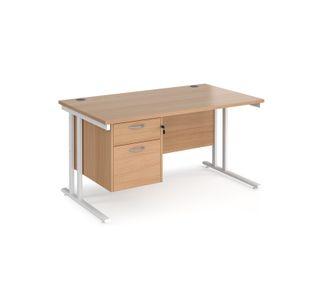 Maestro 25 straight desk 1400mm x 800mm with 2 drawer pedestal - white cantilever leg frame, beech top