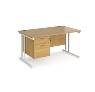 Maestro 25 straight desk 1400mm x 800mm with 2 drawer pedestal - white cantilever leg frame, oak top