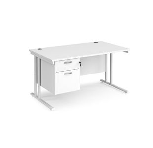 Maestro 25 straight desk 1400mm x 800mm with 2 drawer pedestal - white cantilever leg frame, white top
