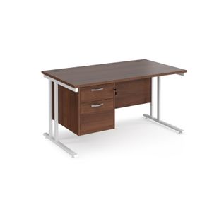 Maestro 25 straight desk 1400mm x 800mm with 2 drawer pedestal - white cantilever leg frame, walnut top