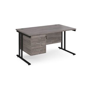 Maestro 25 straight desk 1400mm x 800mm with 3 drawer pedestal - black cantilever leg frame, grey oak top
