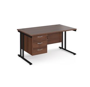 Maestro 25 straight desk 1400mm x 800mm with 3 drawer pedestal - black cantilever leg frame, walnut top