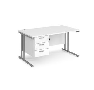 Maestro 25 straight desk 1400mm x 800mm with 3 drawer pedestal - silver cantilever leg frame, white top