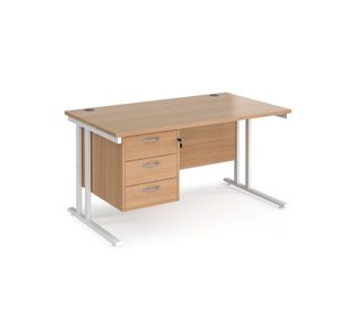 Maestro 25 straight desk 1400mm x 800mm with 3 drawer pedestal - white cantilever leg frame, beech top