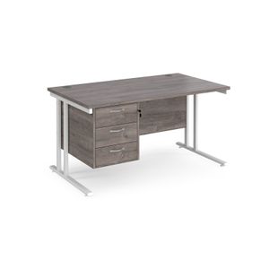 Maestro 25 straight desk 1400mm x 800mm with 3 drawer pedestal - white cantilever leg frame, grey oak top
