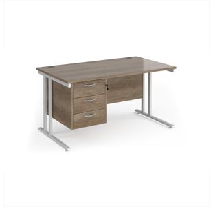 Maestro 25 straight desk 1400mm x 800mm with 3 drawer pedestal - white cantilever leg frame, Nebraska oak top