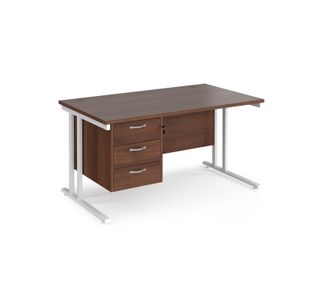 Maestro 25 straight desk 1400mm x 800mm with 3 drawer pedestal - white cantilever leg frame, walnut top