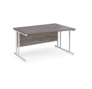 Maestro 25 right hand wave desk 1400mm wide - white cantilever leg frame, grey oak top