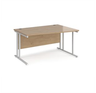 Maestro 25 right hand wave desk 1400mm wide - white cantilever leg frame, Kendal oak top