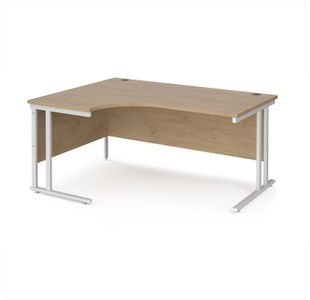 Maestro 25 left hand ergonomic desk 1600mm wide - white cantilever leg frame, Kendal oak top