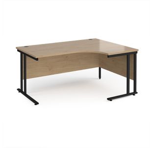 Maestro 25 right hand ergonomic desk 1600mm wide - black cantilever leg frame, Kendal oak top