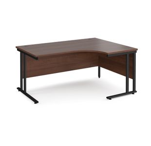 Maestro 25 right hand ergonomic desk 1600mm wide - black cantilever leg frame, walnut top