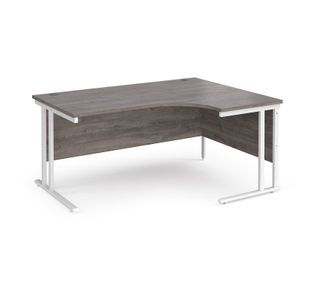 Maestro 25 right hand ergonomic desk 1600mm wide - white cantilever leg frame, grey oak top