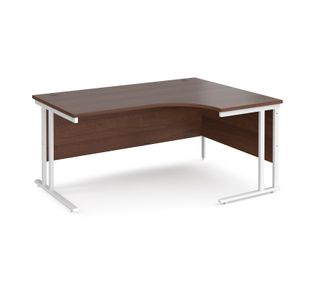 Maestro 25 right hand ergonomic desk 1600mm wide - white cantilever leg frame, walnut top