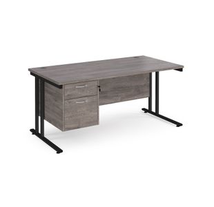 Maestro 25 straight desk 1600mm x 800mm with 2 drawer pedestal - black cantilever leg frame, grey oak top