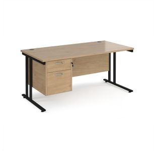 Maestro 25 straight desk 1600mm x 800mm with 2 drawer pedestal - black cantilever leg frame, Kendal oak top