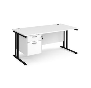 Maestro 25 straight desk 1600mm x 800mm with 2 drawer pedestal - black cantilever leg frame, white top