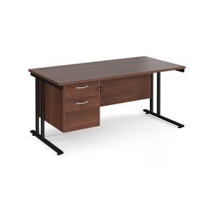 Maestro 25 straight desk 1600mm x 800mm with 2 drawer pedestal - black cantilever leg frame, walnut top
