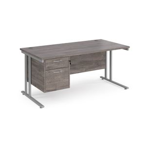 Maestro 25 straight desk 1600mm x 800mm with 2 drawer pedestal - silver cantilever leg frame, grey oak top