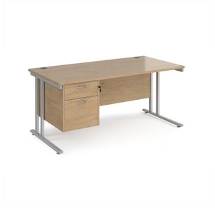 Maestro 25 straight desk 1600mm x 800mm with 2 drawer pedestal - silver cantilever leg frame, Kendal oak top