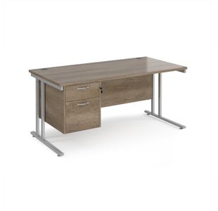 Maestro 25 straight desk 1600mm x 800mm with 2 drawer pedestal - silver cantilever leg frame, Nebraska oak top