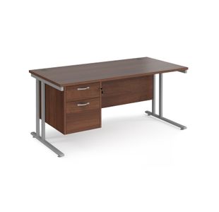 Maestro 25 straight desk 1600mm x 800mm with 2 drawer pedestal - silver cantilever leg frame, walnut top