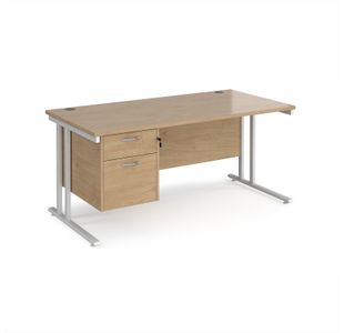 Maestro 25 straight desk 1600mm x 800mm with 2 drawer pedestal - white cantilever leg frame, Kendal oak top