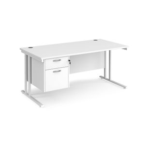 Maestro 25 straight desk 1600mm x 800mm with 2 drawer pedestal - white cantilever leg frame, white top