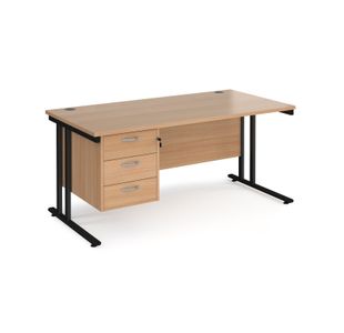 Maestro 25 straight desk 1600mm x 800mm with 3 drawer pedestal - black cantilever leg frame, beech top