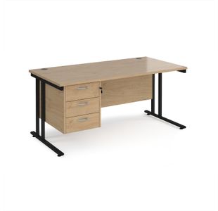 Maestro 25 straight desk 1600mm x 800mm with 3 drawer pedestal - black cantilever leg frame, Kendal oak top