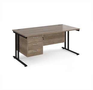 Maestro 25 straight desk 1600mm x 800mm with 3 drawer pedestal - black cantilever leg frame, Nebraska oak top
