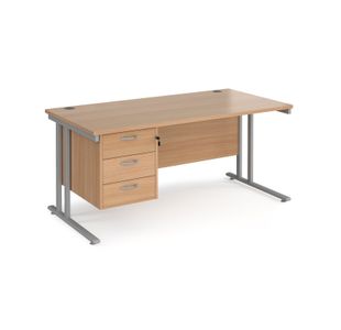 Maestro 25 straight desk 1600mm x 800mm with 3 drawer pedestal - silver cantilever leg frame, beech top