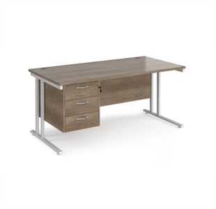 Maestro 25 straight desk 1600mm x 800mm with 3 drawer pedestal - white cantilever leg frame, Nebraska oak top