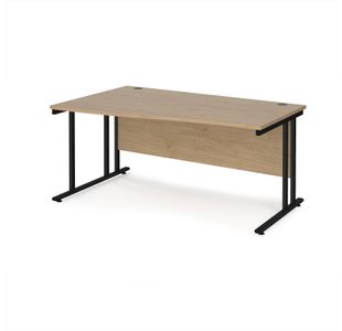 Maestro 25 left hand wave desk 1600mm wide - black cantilever leg frame, Kendal oak top