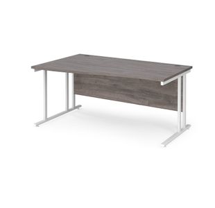 Maestro 25 left hand wave desk 1600mm wide - white cantilever leg frame, grey oak top