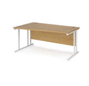 Maestro 25 left hand wave desk 1600mm wide - white cantilever leg frame, oak top