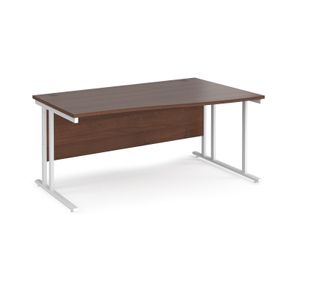 Maestro 25 right hand wave desk 1600mm wide - white cantilever leg frame, walnut top