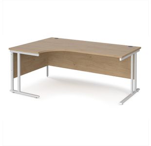 Maestro 25 left hand ergonomic desk 1800mm wide - white cantilever leg frame, Kendal oak top